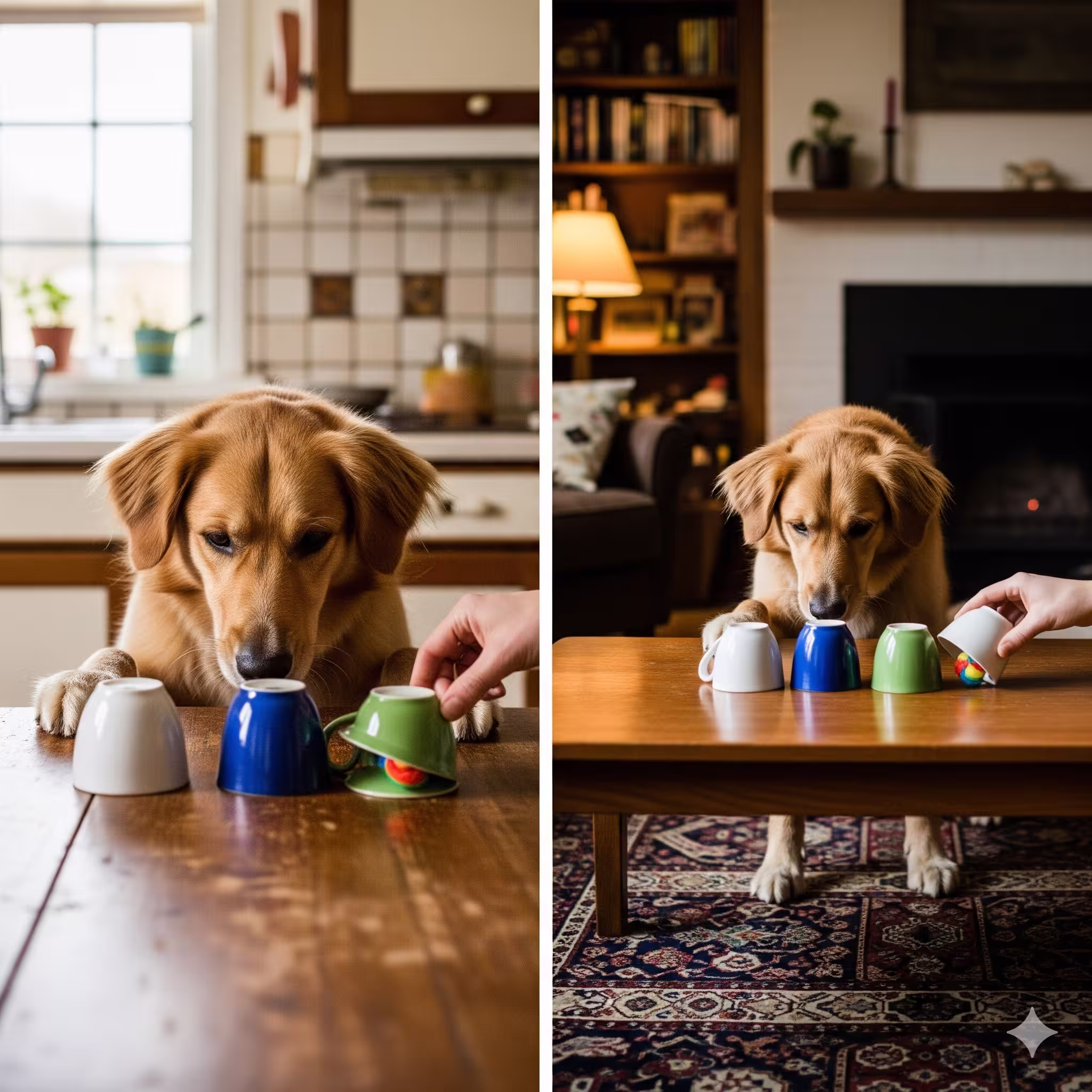 Dog working cups in different rooms to build generalization