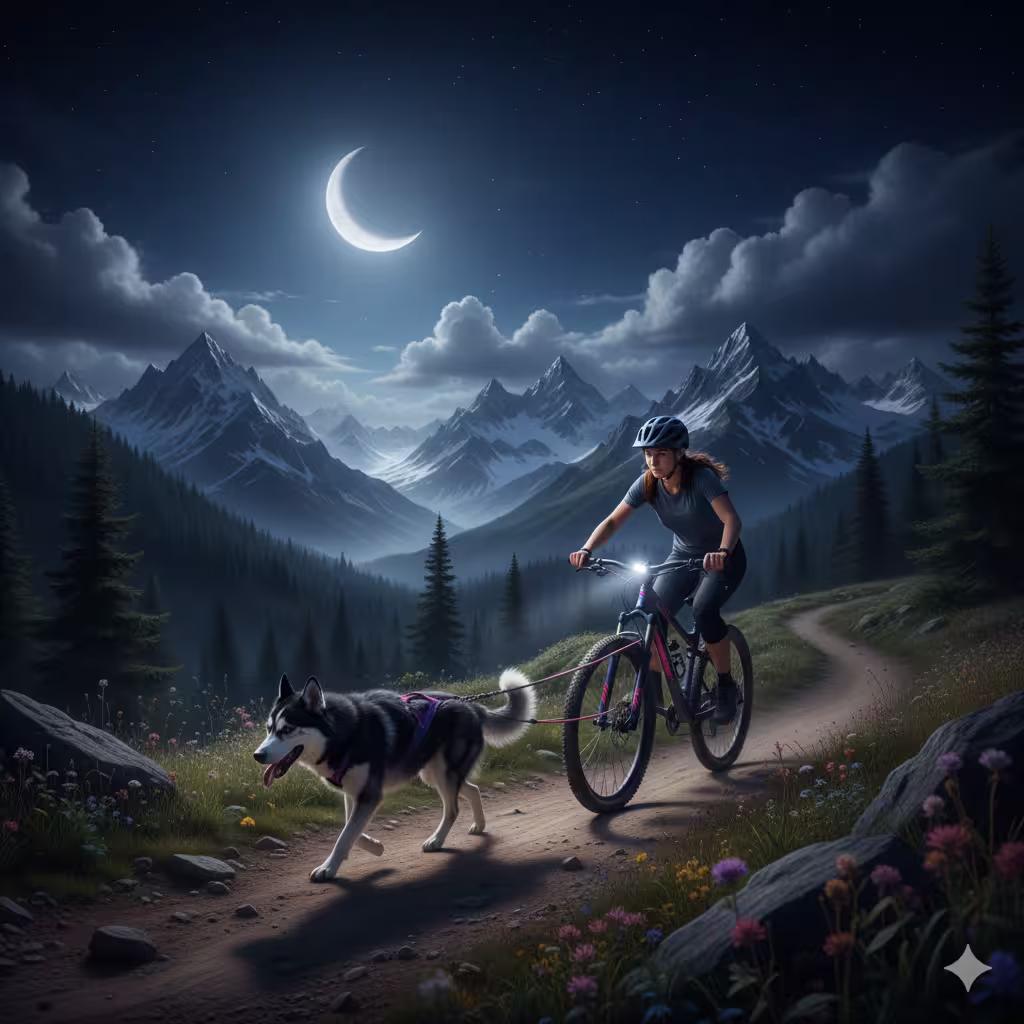 Dog and person bikejoring on a wide, flat path