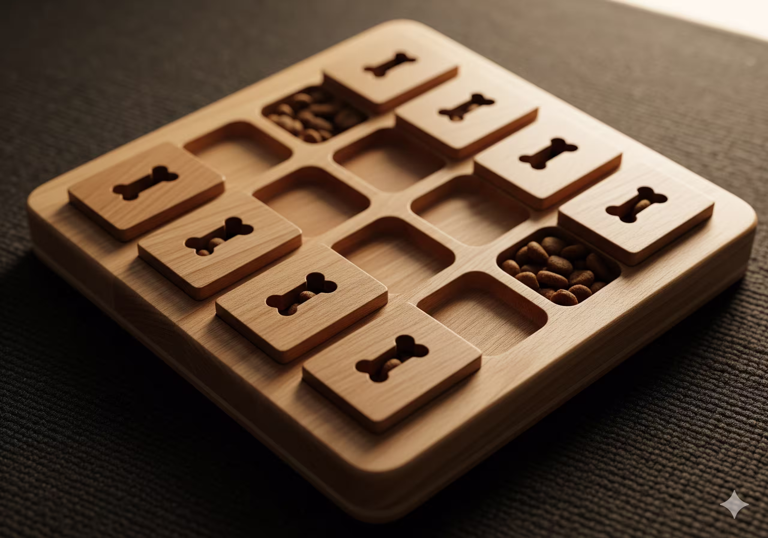 Dog using a single-track slider puzzle board for beginner problem-solving