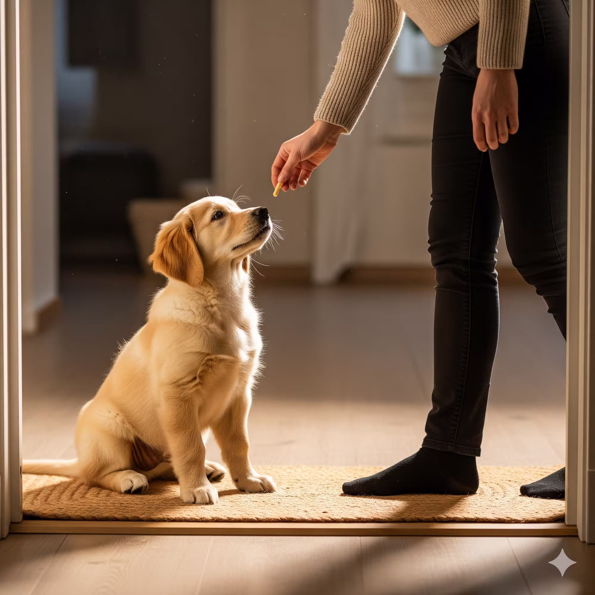 A well-behaved puppy sitting patiently