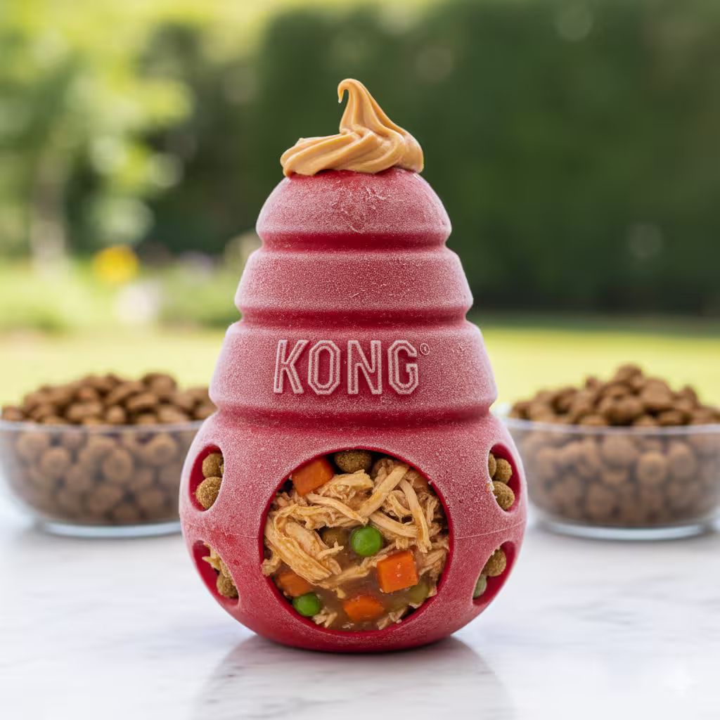 Close-up of peanut butter cap sealing a Kong for freezing