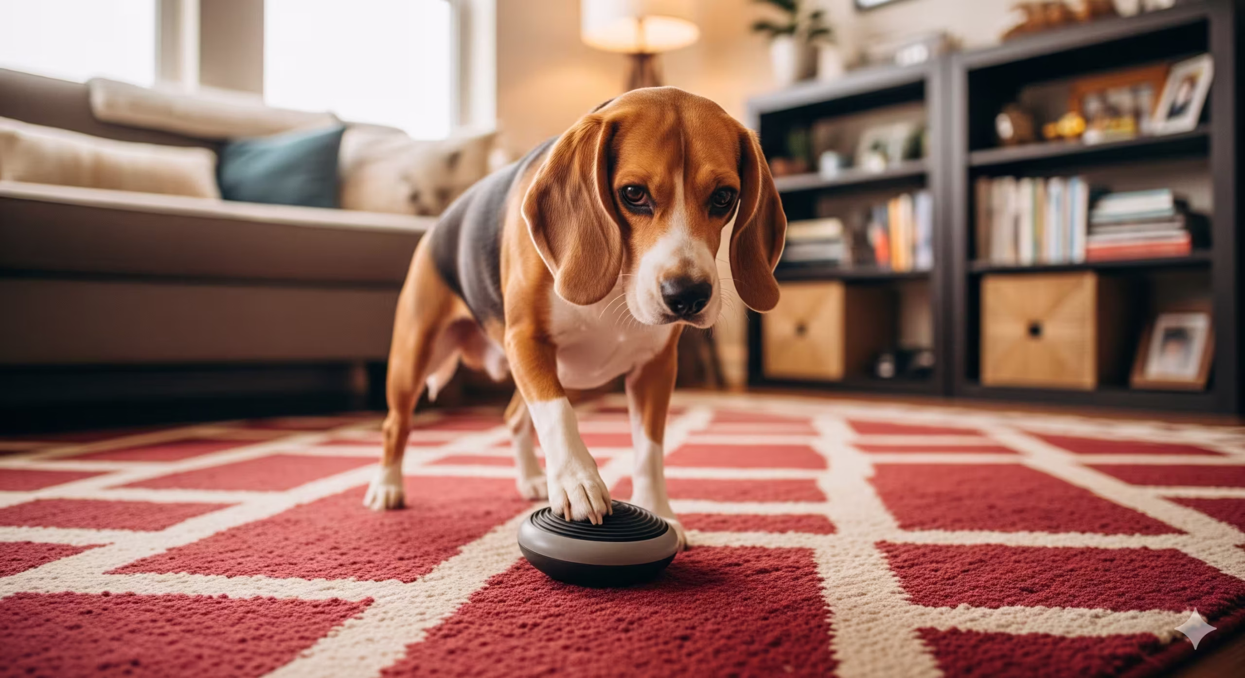 Sound-sensitive dog practicing confidence with a quiet-floor feeder