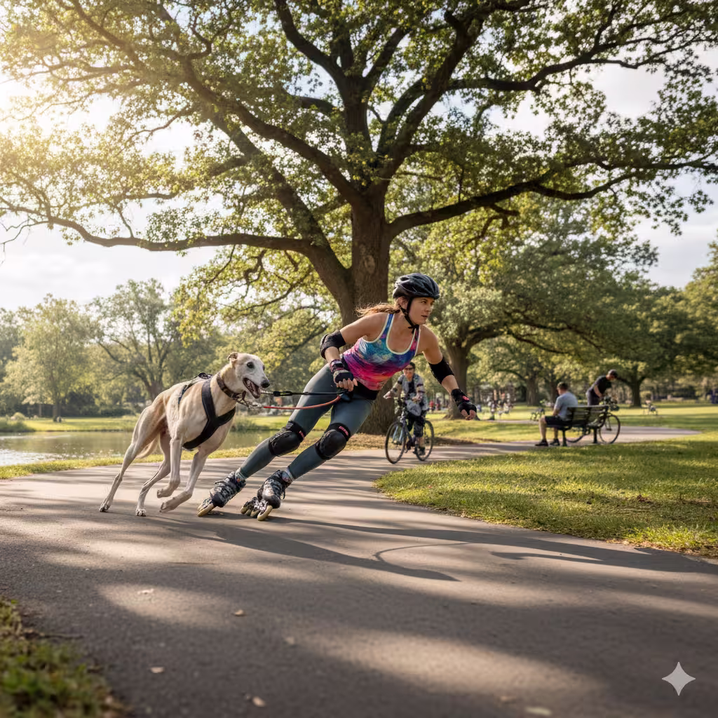 Person jogging with a dog wearing a harness