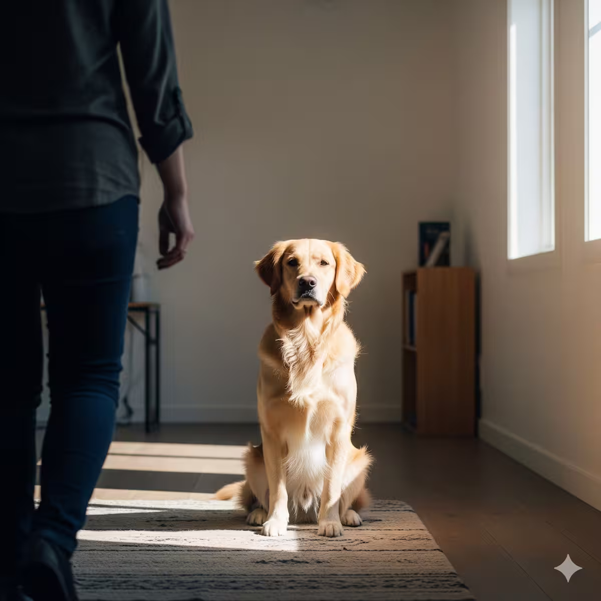 Dog waiting patiently on a training mat