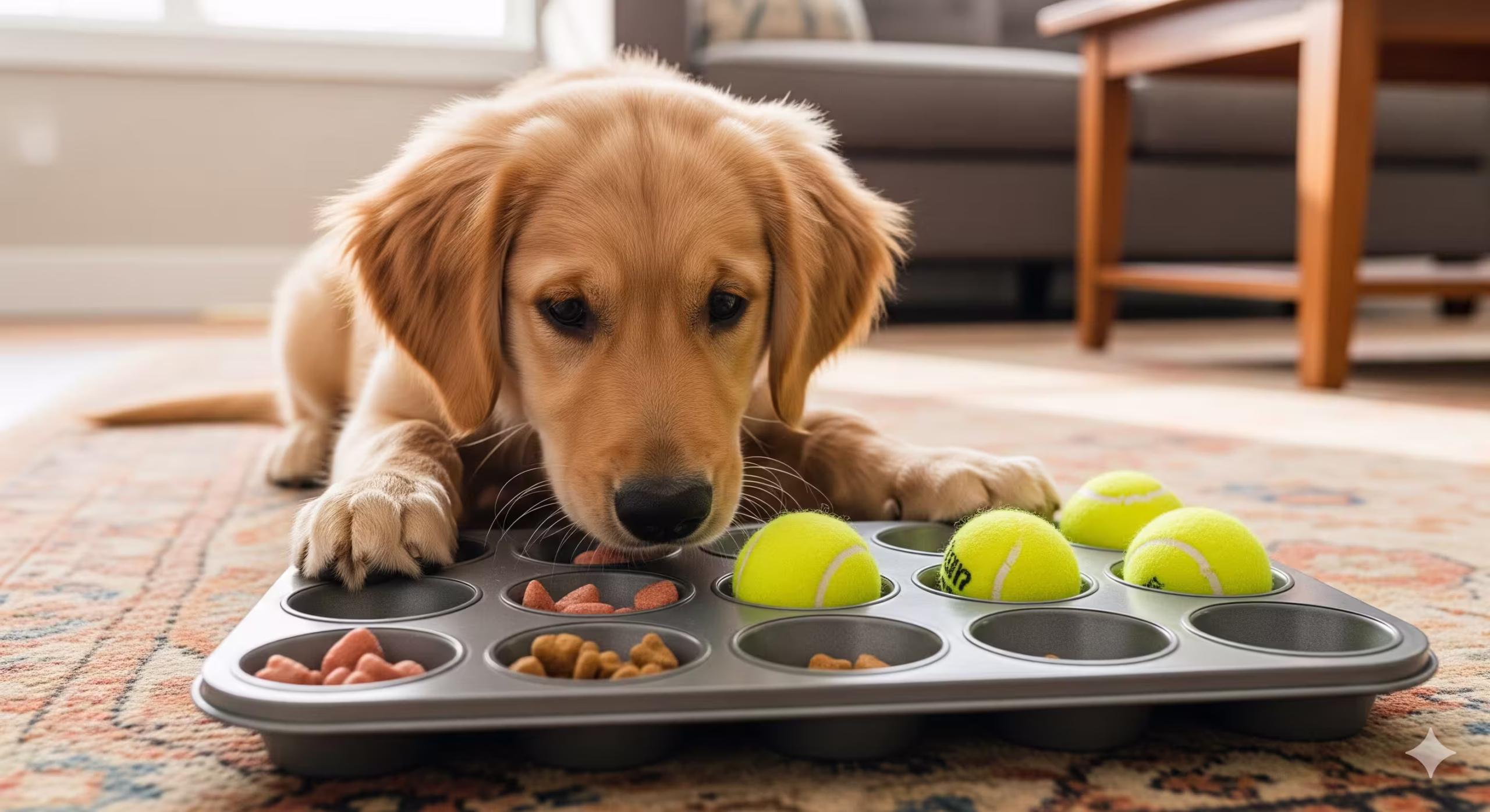 A muffin tin with tennis balls covering the cups, set up as a puzzle for a puppy.