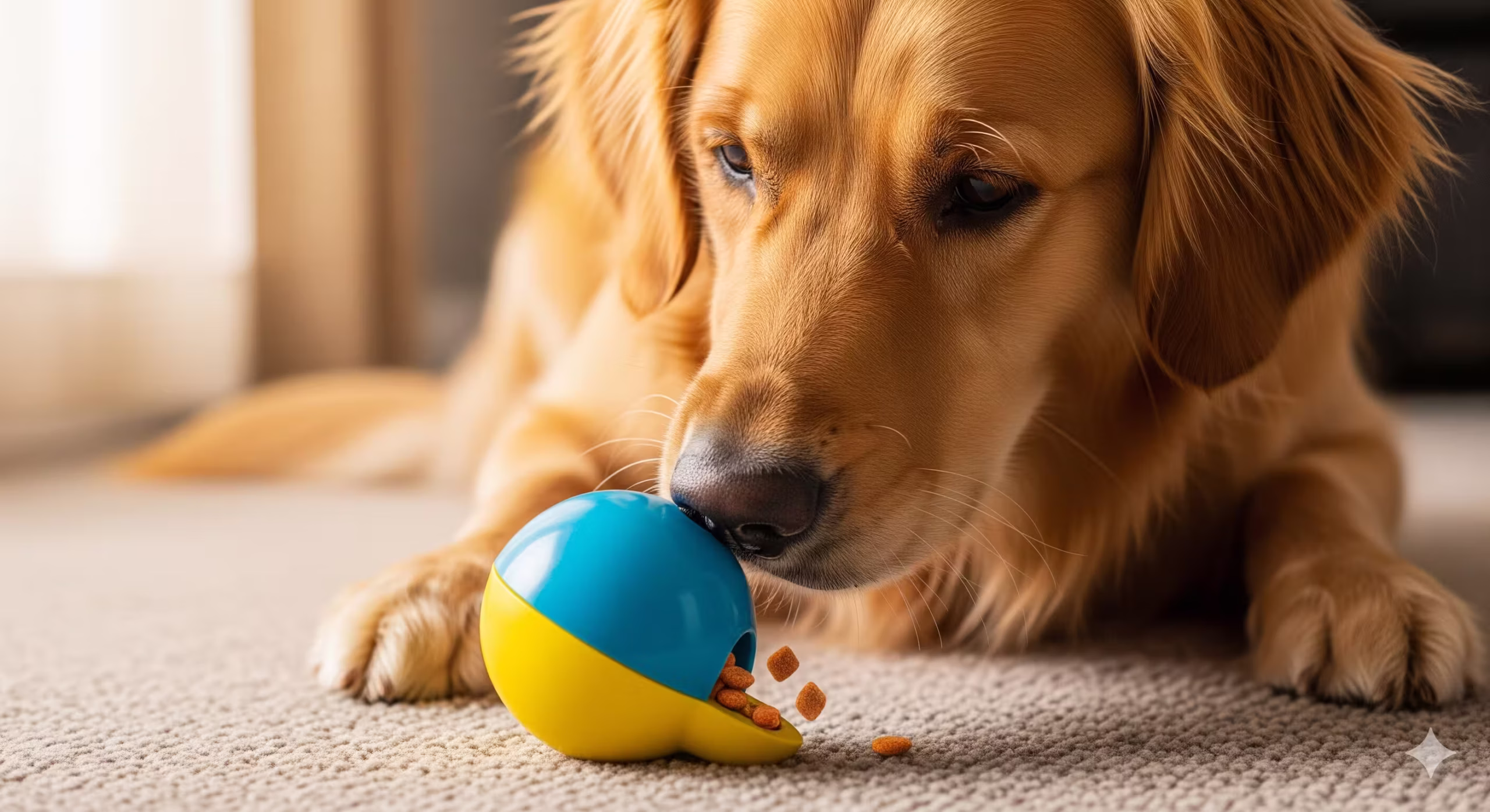 Dog searching floor while a wobbler dispenses kibble