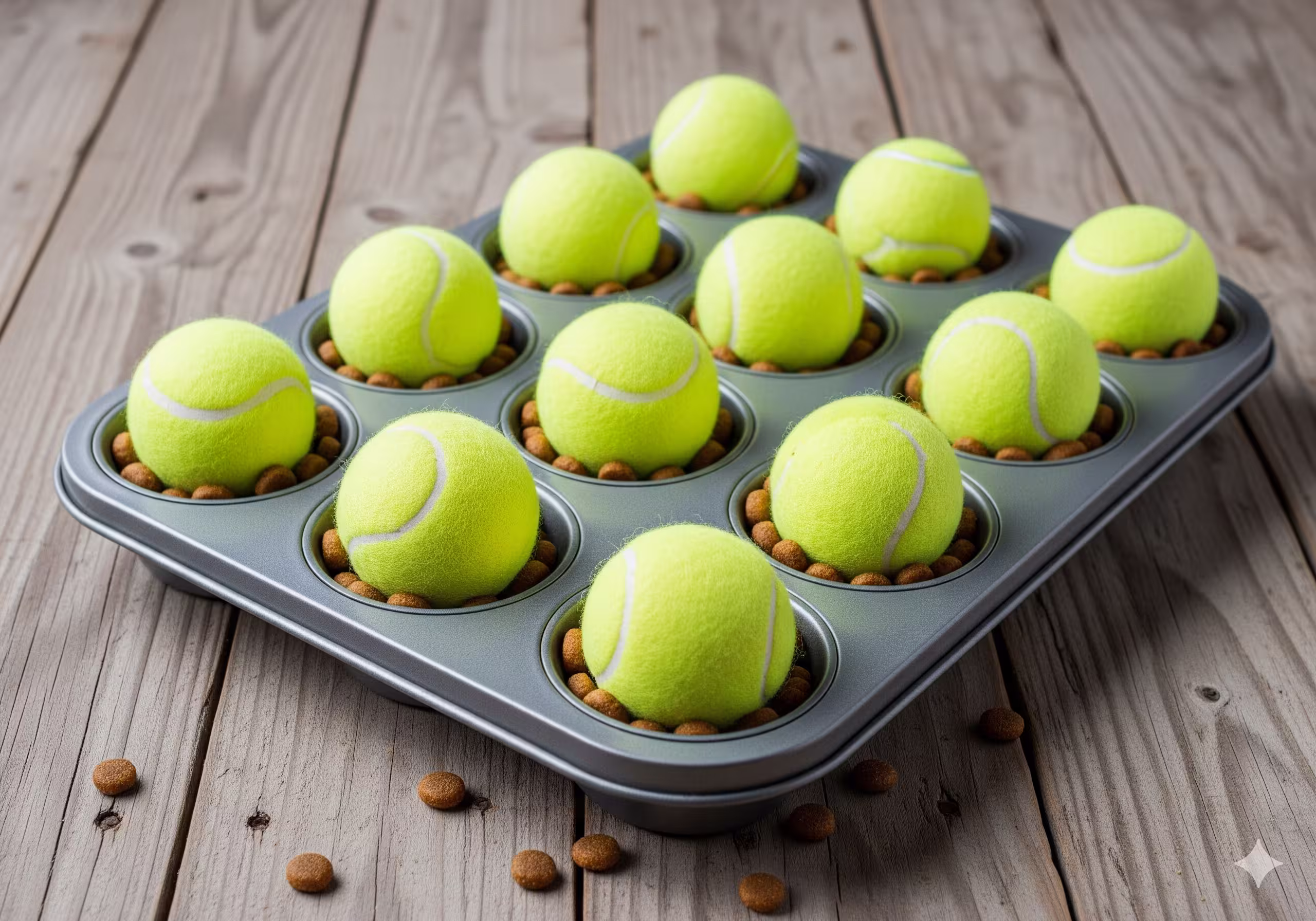 DIY muffin-tin dog puzzle with tennis balls covering kibble cups