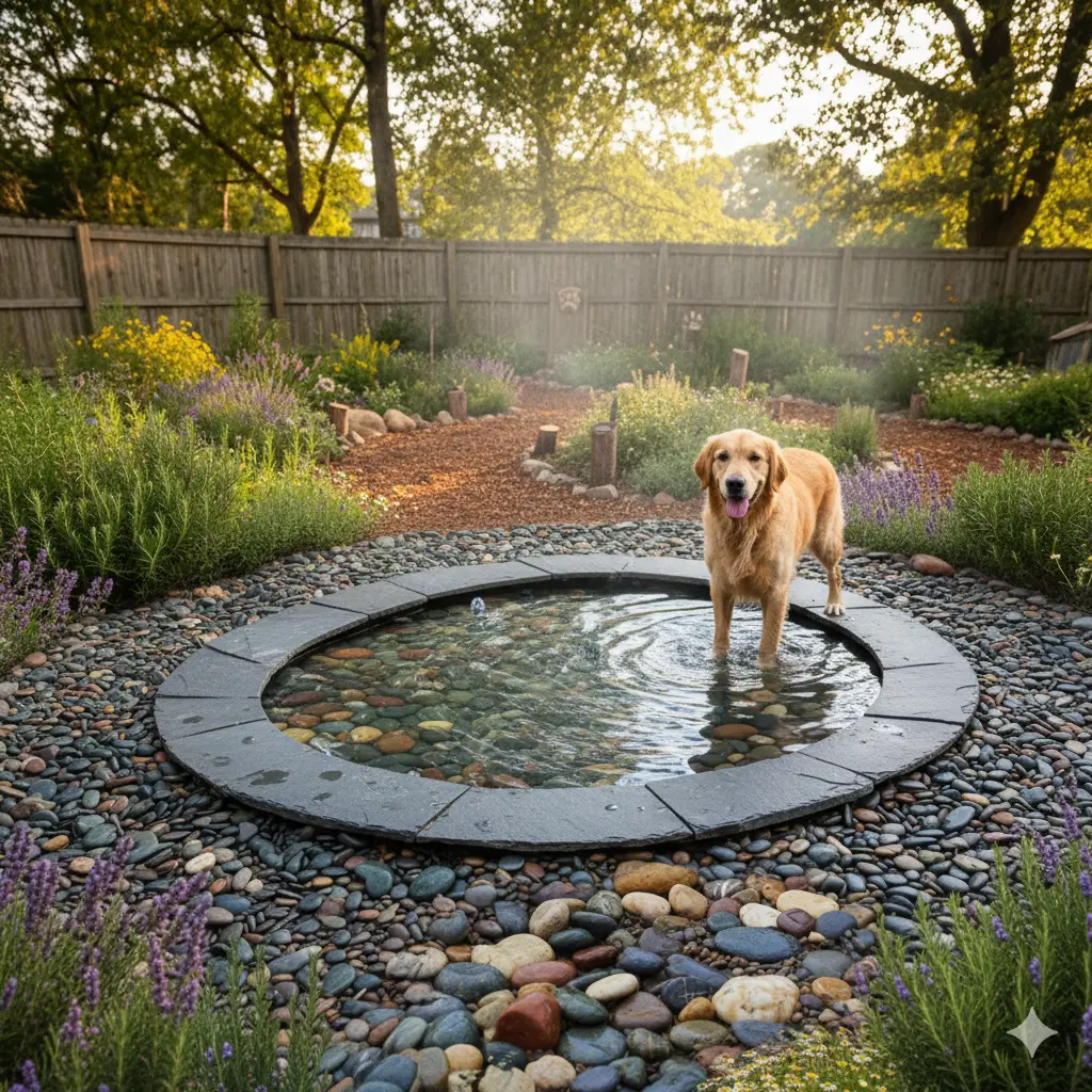 A shallow, safe water basin or small fountain.