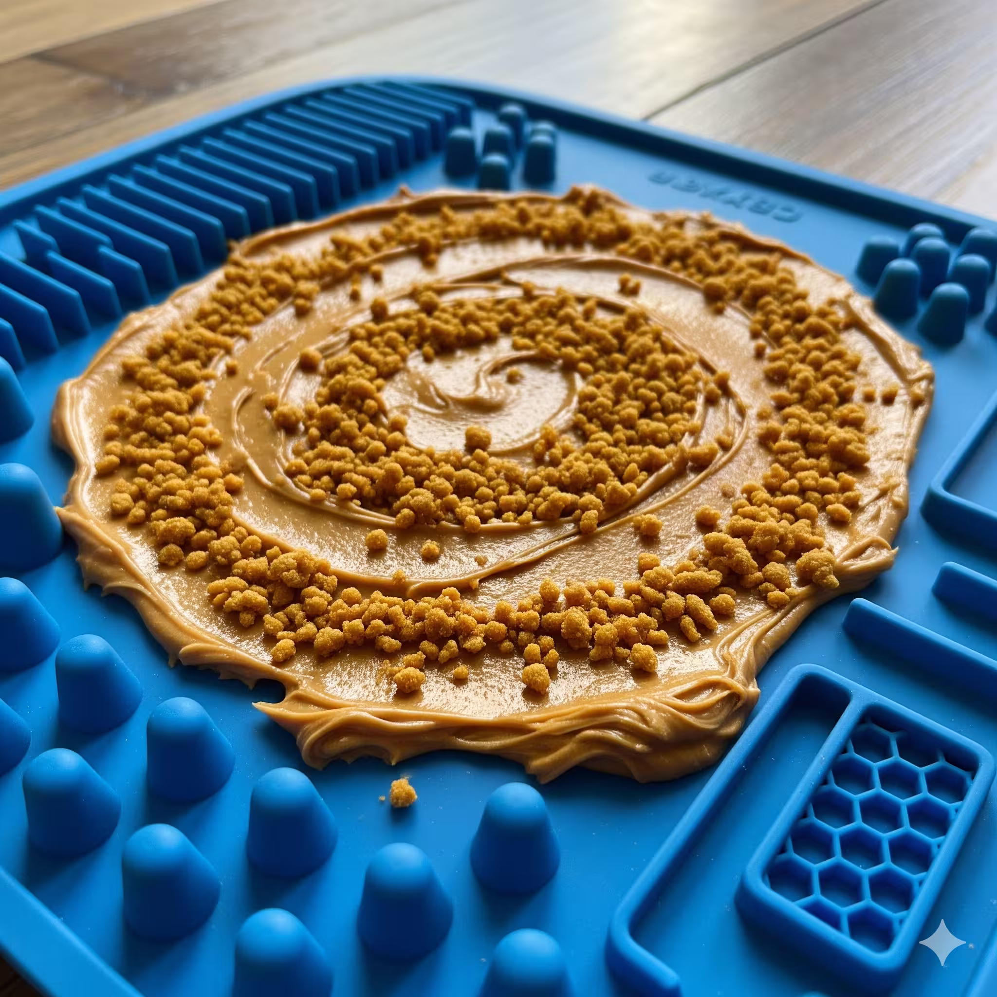 A dog using a lick mat