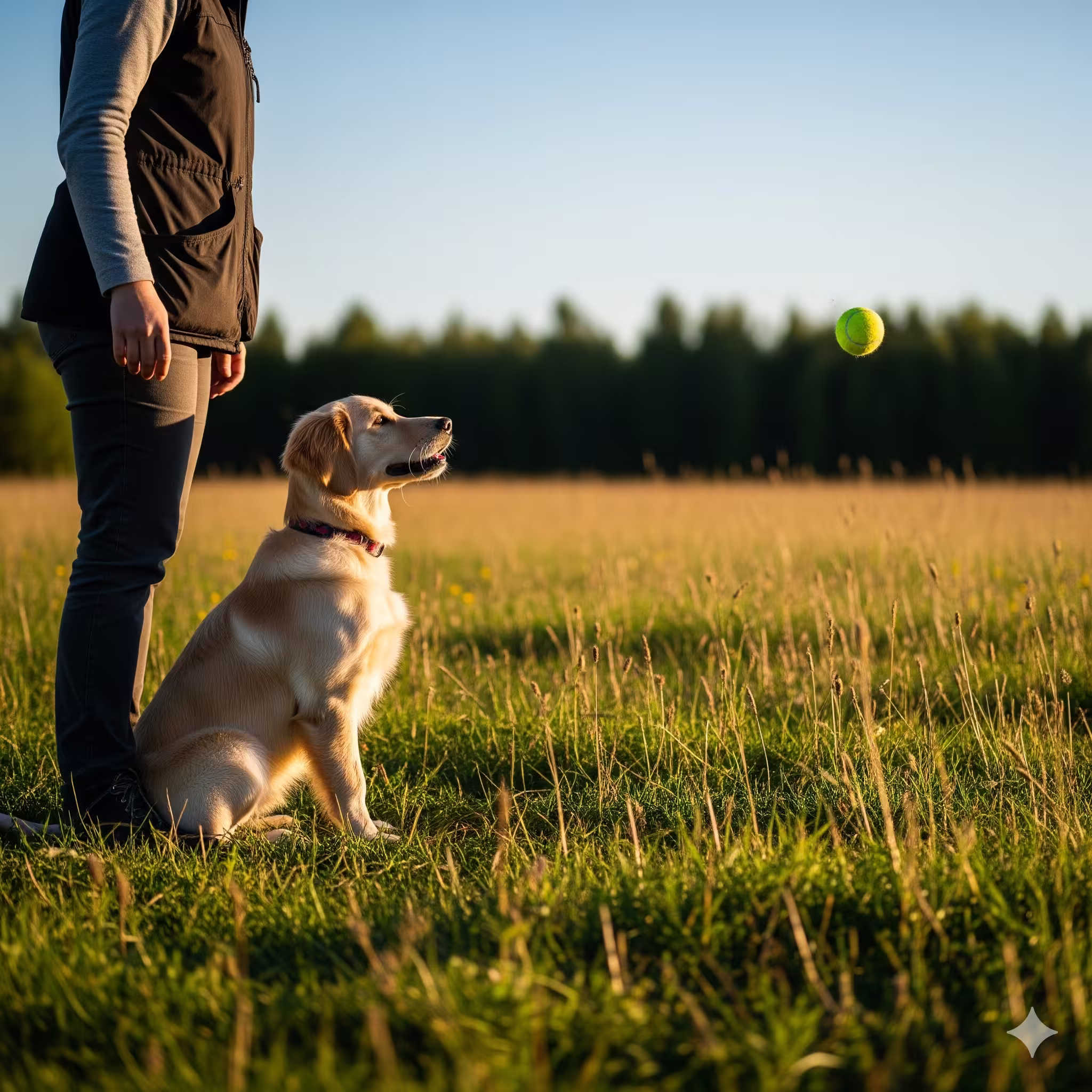 Walk-Ups dog steadiness training: a focused retriever sits calmly at heel, building impulse control before a retrieve.
