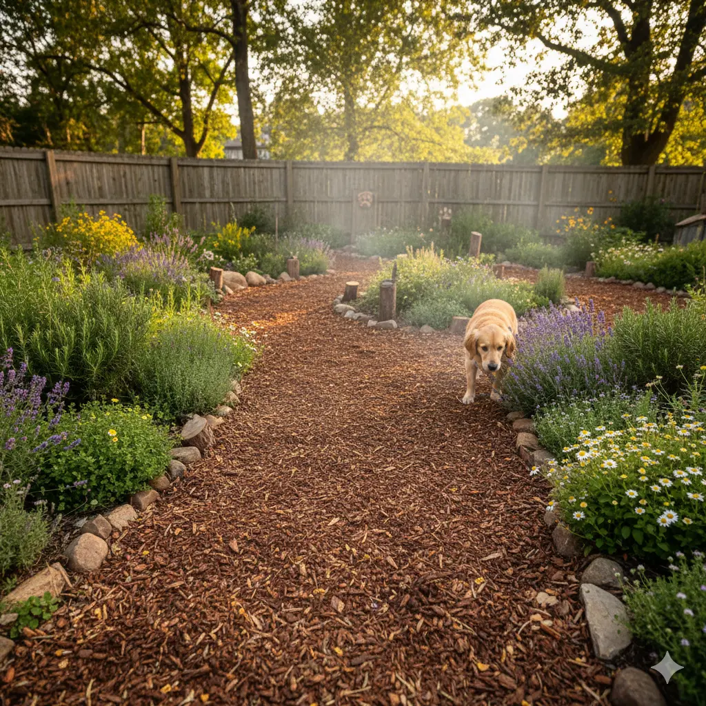 A pathway covered in fine, wood-scented mulch.
