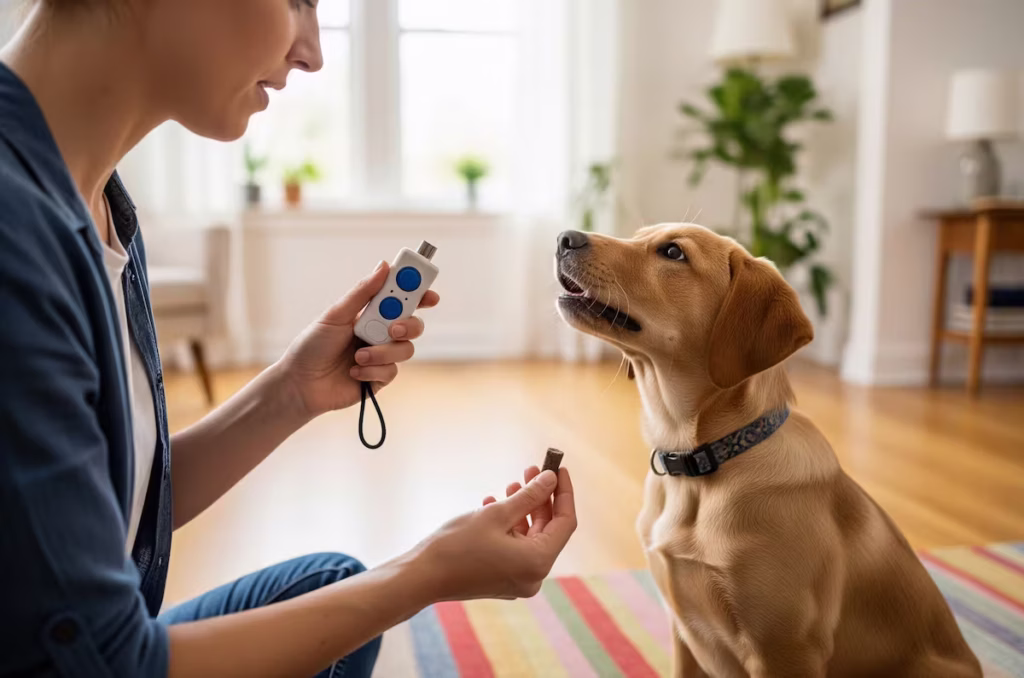 A wide, horizontal photo of a woman doing positive reinforcement training with a small yellow Labrador puppy. The woman is holding a clicker and a treat while the puppy looks on intently. The scene is set in a bright, modern living room.