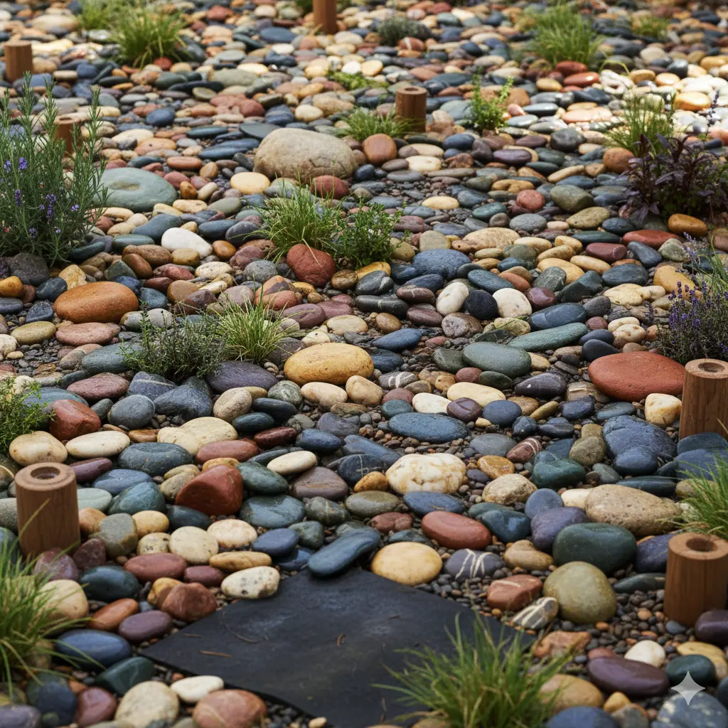 A collection of smooth, gray river stones and small pebbles.