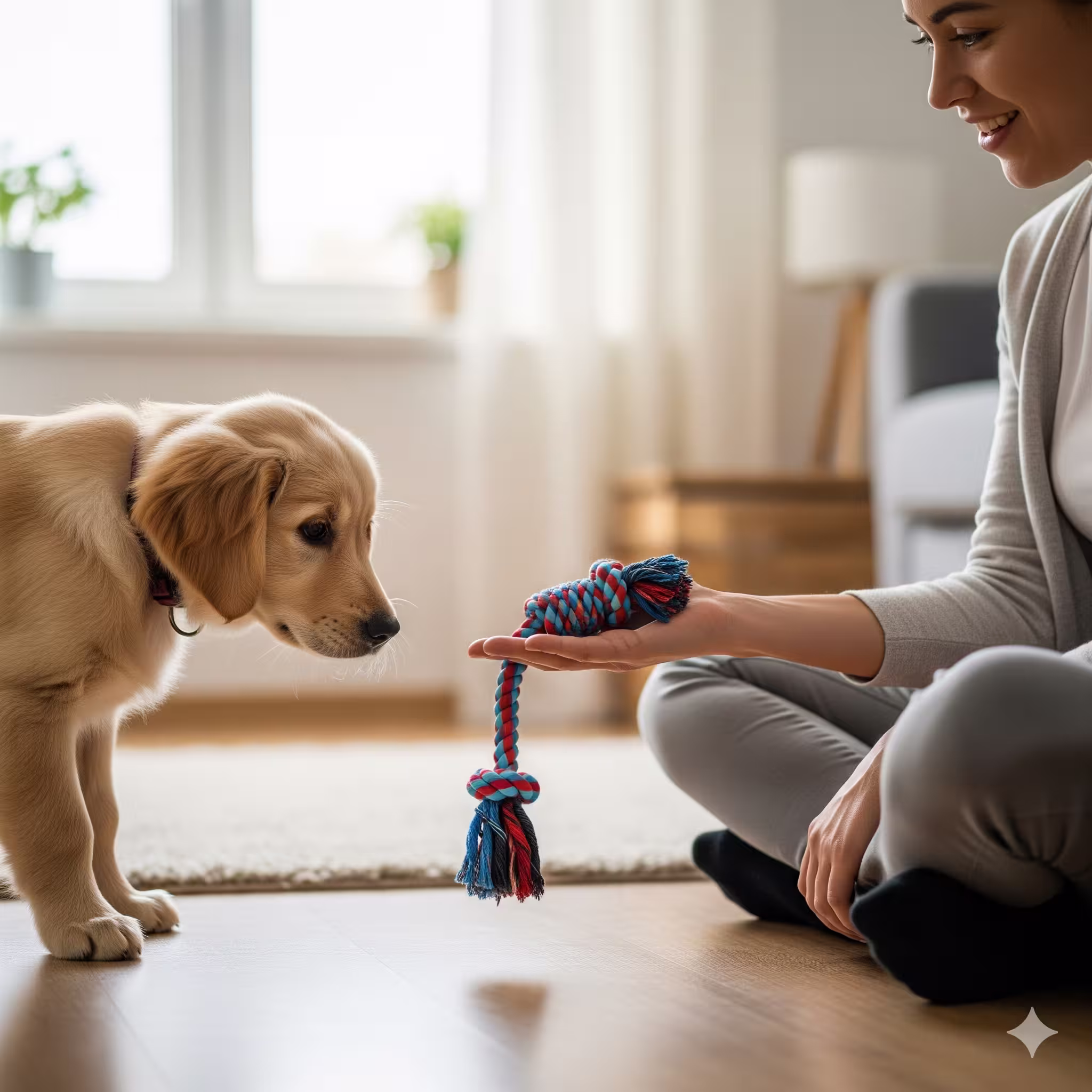 Puppy training outdoors, calm posture next to handler during leash work