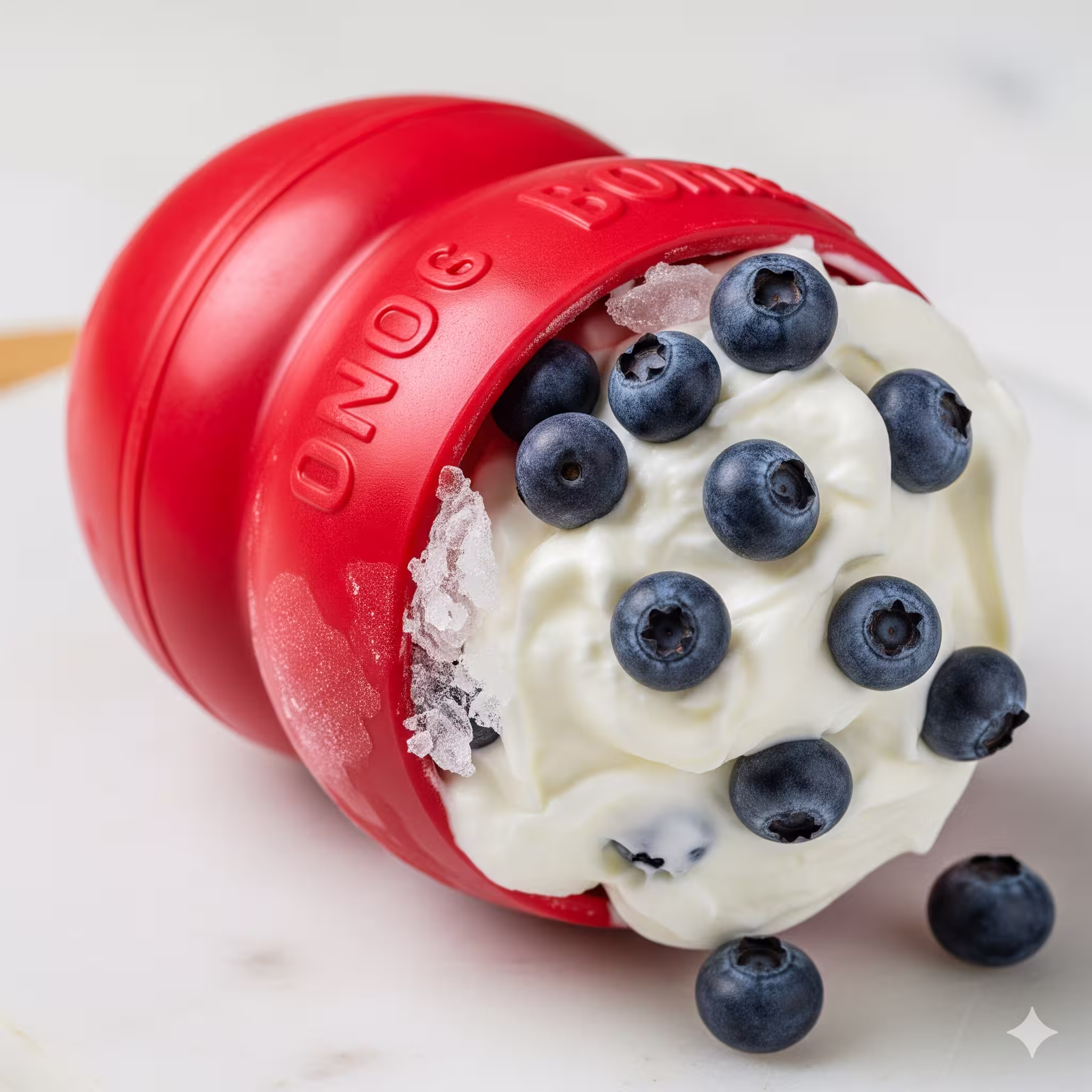 Red Kong stuffed with yogurt and kibble, ready to freeze for calm enrichment