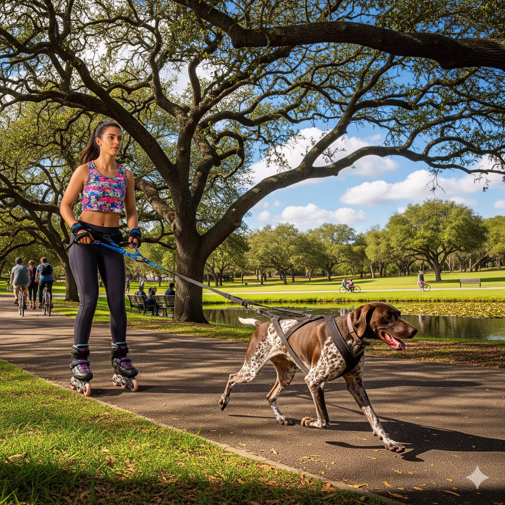 Person on roller skates holding a harness, with a dog sitting calmly on the grass