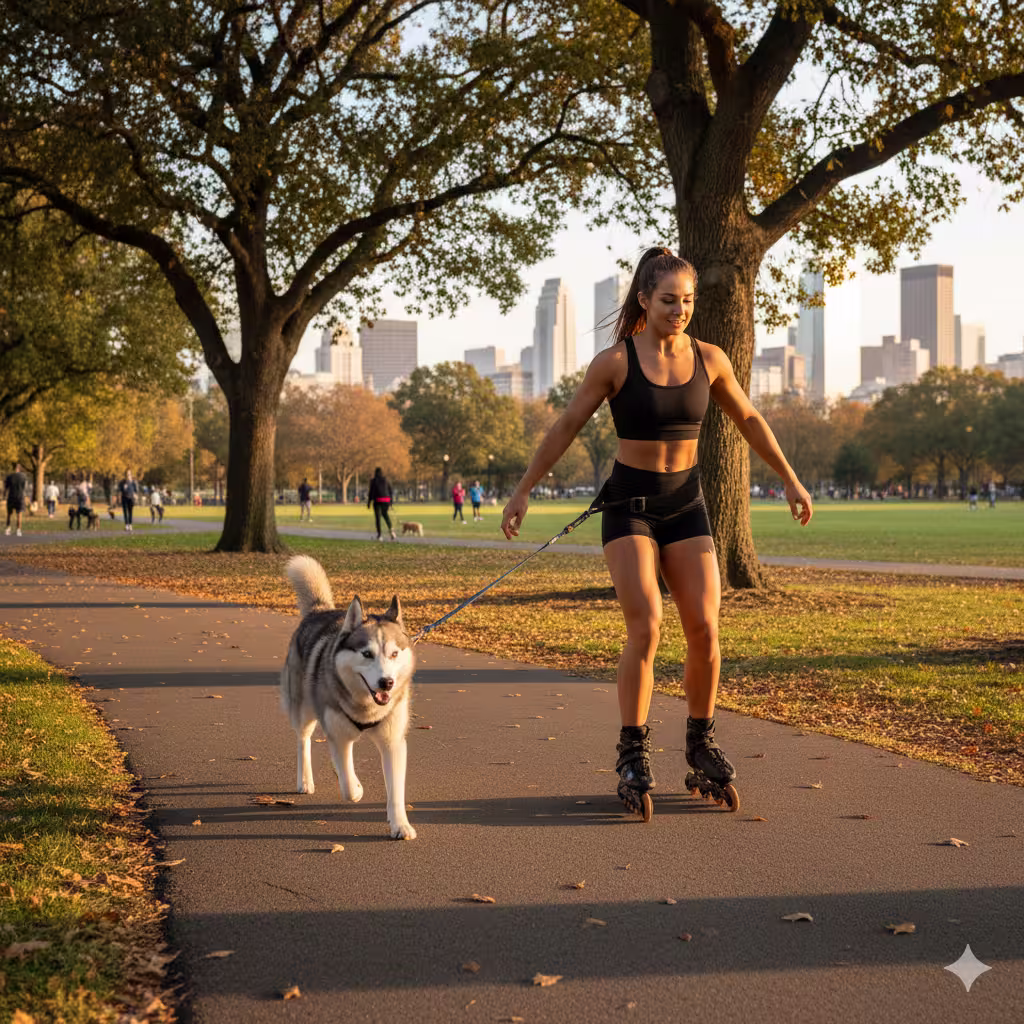 Dog confidently pulling a person on roller skates down a wide, clear path