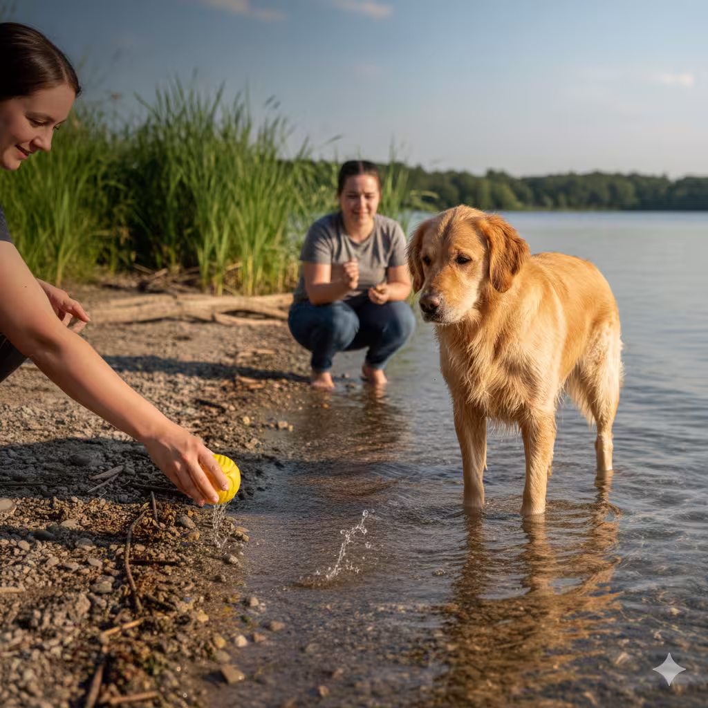 Golden retriever looking intently at a toy near the water