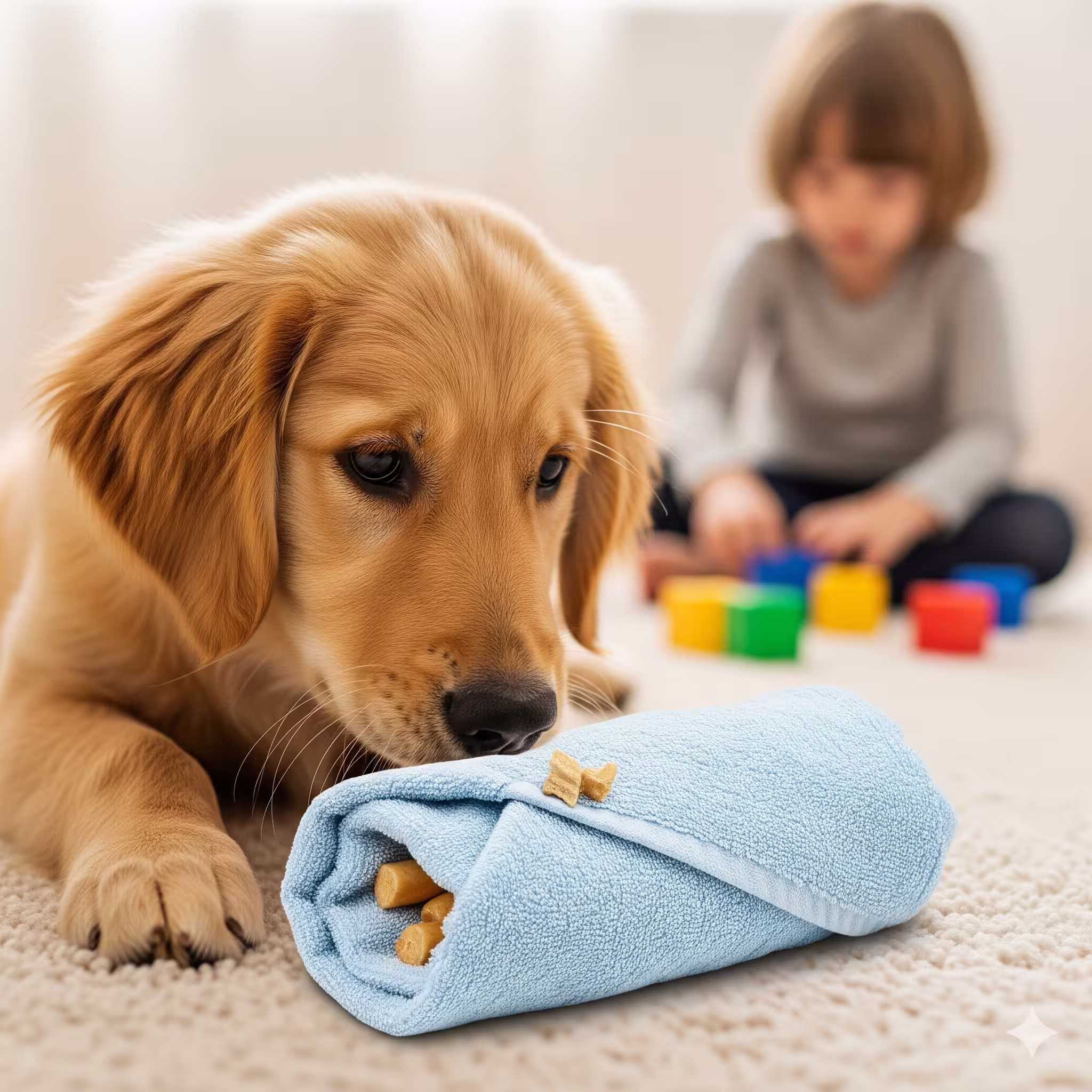 A towel rolled up with treats inside for a dog to unroll and find.